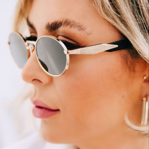 Prada PR65ZS ZVN09T Sunglasses Pale Gold Dark Grey Oval Metal Unisex - Picture 14 of 15